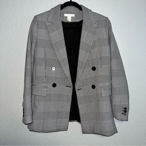 H&M Womens Plaid Double-Breasted Peak Lapels Long Sleeve Coat Blazer Gray Size 8
